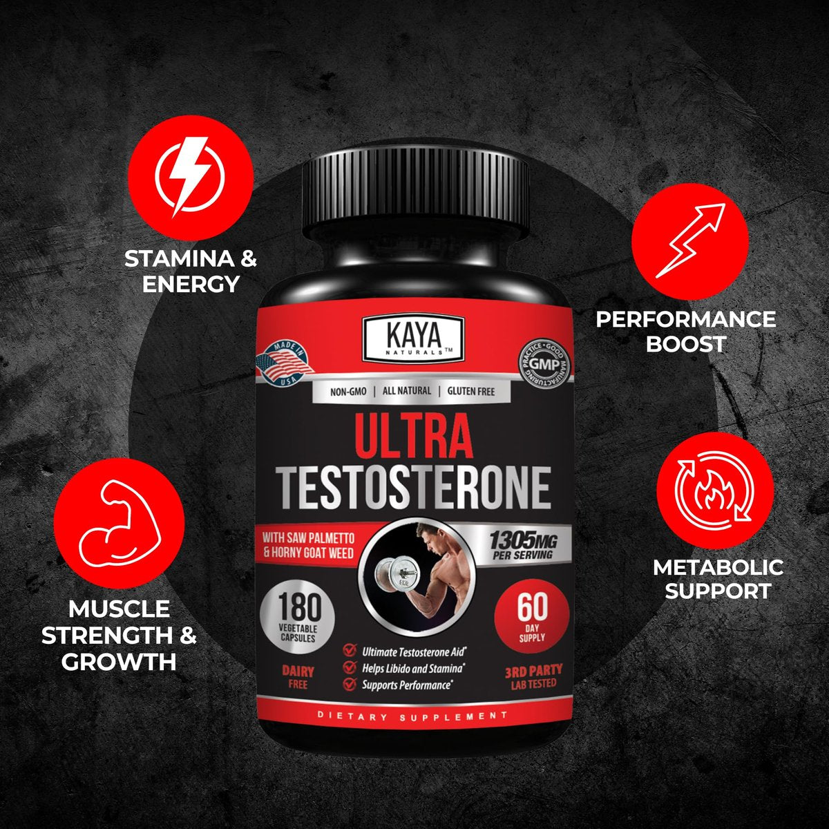 Kaya Naturals UltraTest – Natürlicher Testosteron-Booster mit Tongkat Ali, Bockshornklee & Tribulus – 180 Kapseln für Energie, Ausdauer & Kraft