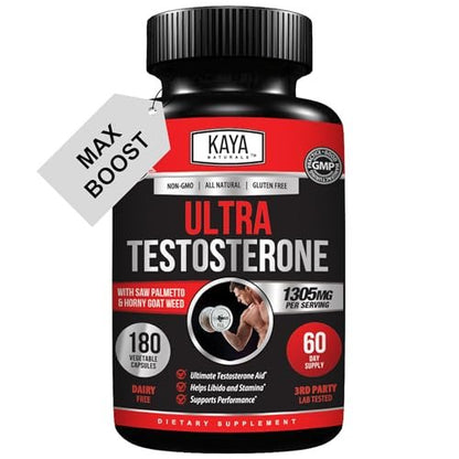 Kaya Naturals UltraTest – Natürlicher Testosteron-Booster mit Tongkat Ali, Bockshornklee & Tribulus – 180 Kapseln für Energie, Ausdauer & Kraft