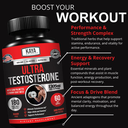 Kaya Naturals UltraTest – Natürlicher Testosteron-Booster mit Tongkat Ali, Bockshornklee & Tribulus – 180 Kapseln für Energie, Ausdauer & Kraft