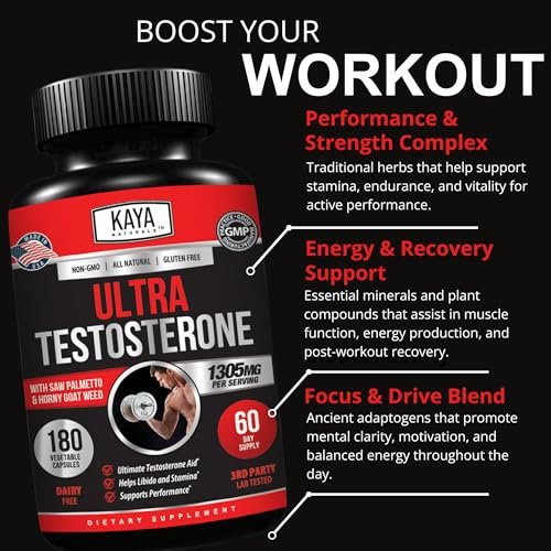 Kaya Naturals UltraTest – Natürlicher Testosteron-Booster mit Tongkat Ali, Bockshornklee & Tribulus – 180 Kapseln für Energie, Ausdauer & Kraft