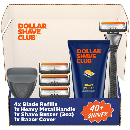 Dollar Shave Club | Das VIP-Rasier-Set | 4 Extra Close Nachfüllkartuschen, 1 Heavy Metal Griff, 1 Shave Butter 85 g, 1 Rasierer-Abdeckung – Rasierer für Männer