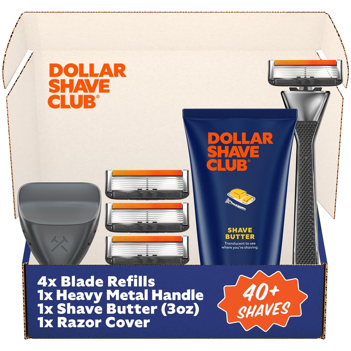 Dollar Shave Club | Das VIP-Rasier-Set | 4 Extra Close Nachfüllkartuschen, 1 Heavy Metal Griff, 1 Shave Butter 85 g, 1 Rasierer-Abdeckung – Rasierer für Männer