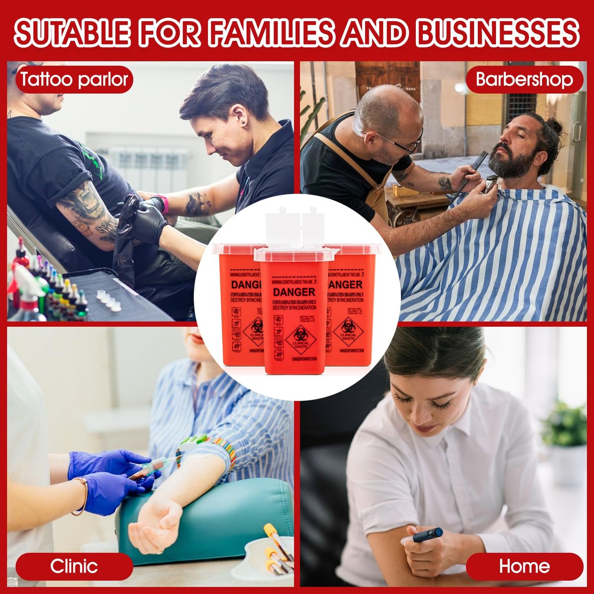 MITINU 1 Quart (6er-Pack) Spritzenbehälter für den Heimgebrauch – Entsorgungsbehälter für Nadeln, Biohazard-Behälter, kleine tragbare Behälter für Reisen, professionelle Entsorgung von scharfen Abfällen