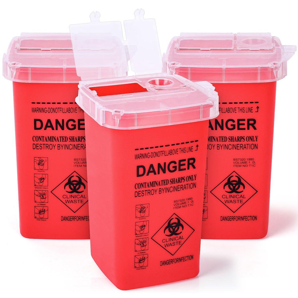 MITINU 1 Quart (3er-Pack) Behälter für scharfe Gegenstände für den Heimgebrauch, Nadelentsorgungsbehälter, Biohazard-Behälter, Spritzenentsorgung, kleiner tragbarer Behälter für Reisen, professionelle Entsorgung scharfer Abfälle