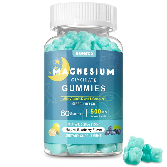 Esverco Magnesium Glycinat Gummibärchen 500mg – Schlaf & Entspannung für Männer & Frauen, Vitamin C, Vegan, Muskelerholung, ohne Melatonin, Nicht-GVO, Natürlicher Blaubeergeschmack, 60 Stück