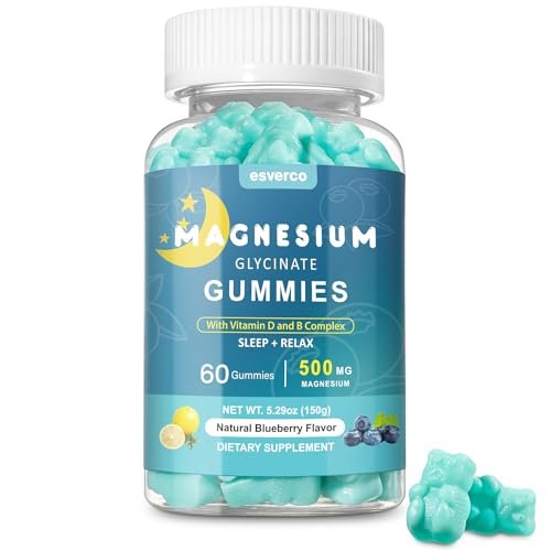 Esverco Magnesium Glycinat Gummibärchen 500mg – Schlaf & Entspannung für Männer & Frauen, Vitamin C, Vegan, Muskelerholung, ohne Melatonin, Nicht-GVO, Natürlicher Blaubeergeschmack, 60 Stück