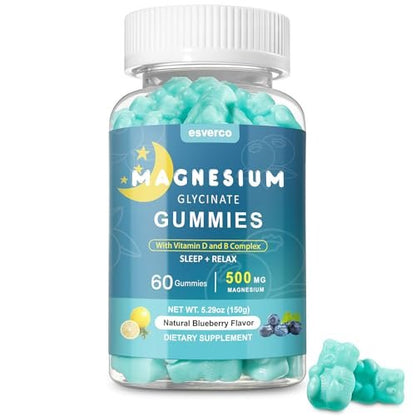 Esverco Magnesium Glycinat Gummibärchen 500mg – Schlaf & Entspannung für Männer & Frauen, Vitamin C, Vegan, Muskelerholung, ohne Melatonin, Nicht-GVO, Natürlicher Blaubeergeschmack, 60 Stück