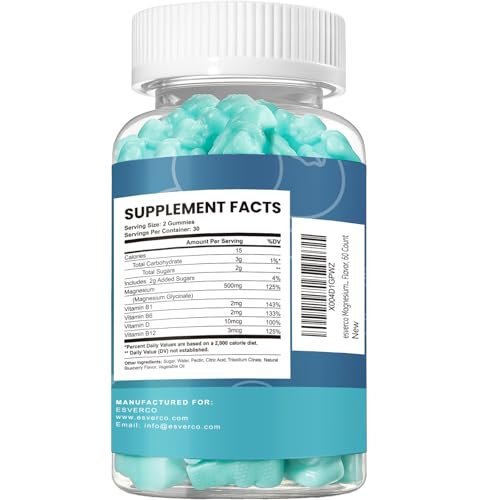 Esverco Magnesium Glycinat Gummibärchen 500mg – Schlaf & Entspannung für Männer & Frauen, Vitamin C, Vegan, Muskelerholung, ohne Melatonin, Nicht-GVO, Natürlicher Blaubeergeschmack, 60 Stück