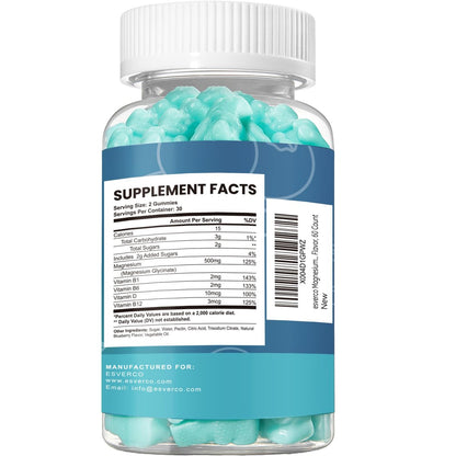 Esverco Magnesium Glycinat Gummibärchen 500mg – Schlaf & Entspannung für Männer & Frauen, Vitamin C, Vegan, Muskelerholung, ohne Melatonin, Nicht-GVO, Natürlicher Blaubeergeschmack, 60 Stück