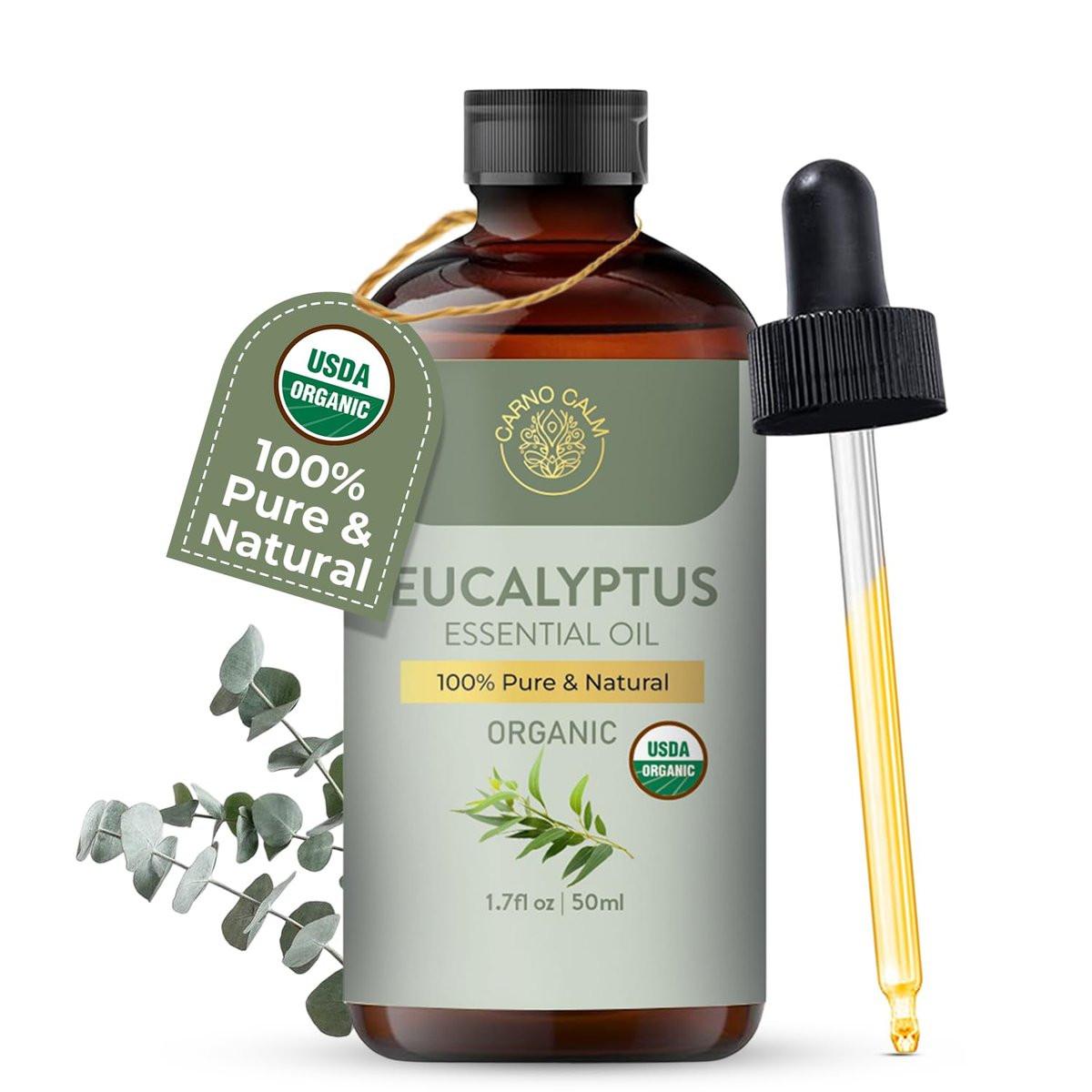 Carno Calm Beruhigendes Eukalyptus-Öl | USDA Bio-zertifiziertes Eukalyptusöl | Ideal für Aromatherapie, Haut und Haare | für Diffuser und DIY-Anwendungen | 50 ml