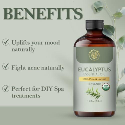 Carno Calm Beruhigendes Eukalyptus-Öl | USDA Bio-zertifiziertes Eukalyptusöl | Ideal für Aromatherapie, Haut und Haare | für Diffuser und DIY-Anwendungen | 50 ml