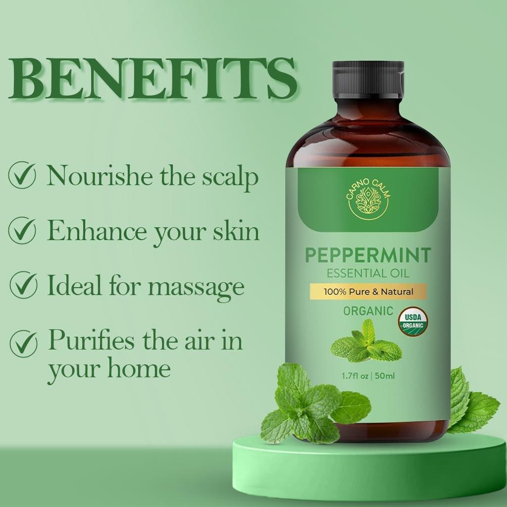 Carno Calm Bio-Pfefferminzöl – USDA-zertifiziertes Bio-Pfefferminzöl für Diffuser, Haut, Haare, Aromatherapie, Seifen- & Kerzenherstellung | 50 ml