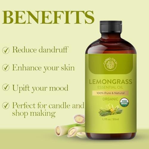 Carno Calm Bio-Lemongras-Öl | USDA-zertifiziertes ätherisches Lemongrasöl | für Aromatherapie, Haut & Haare | Diffuser, Seifen- & Kerzenherstellung | 1,7 fl. oz