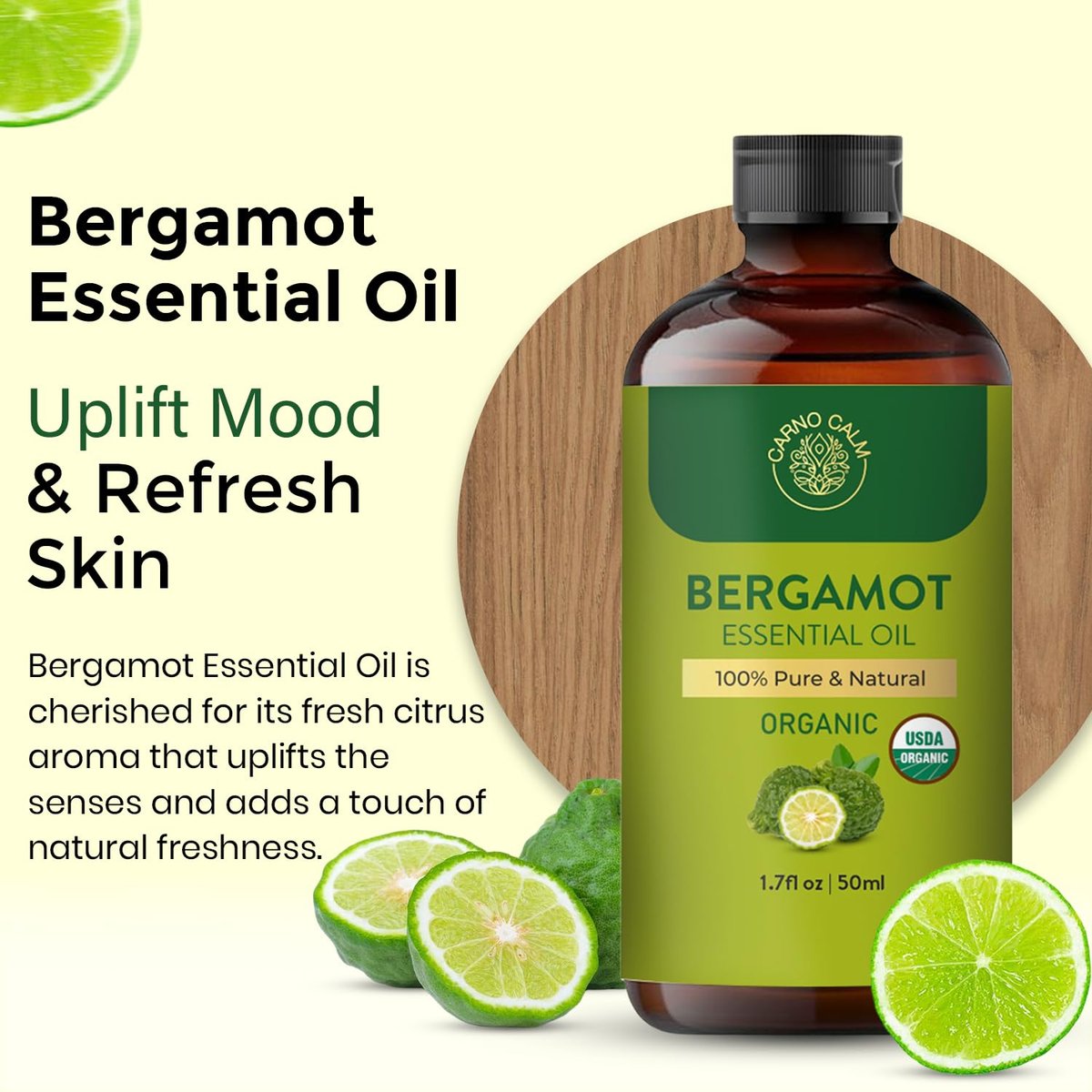 Carno Calm Bergamot Bio-Ätherisches Öl | USDA-zertifiziert biologisch | Bergamotte Öl für Haut, Haare, Aromatherapie, Seifen- & Kerzenherstellung | 50 ml