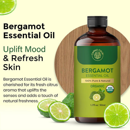 Carno Calm Bergamot Bio-Ätherisches Öl | USDA-zertifiziert biologisch | Bergamotte Öl für Haut, Haare, Aromatherapie, Seifen- & Kerzenherstellung | 50 ml
