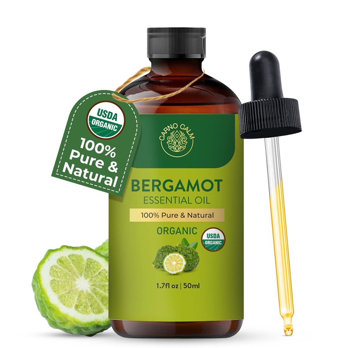 Carno Calm Bergamot Bio-Ätherisches Öl | USDA-zertifiziert biologisch | Bergamotte Öl für Haut, Haare, Aromatherapie, Seifen- & Kerzenherstellung | 50 ml