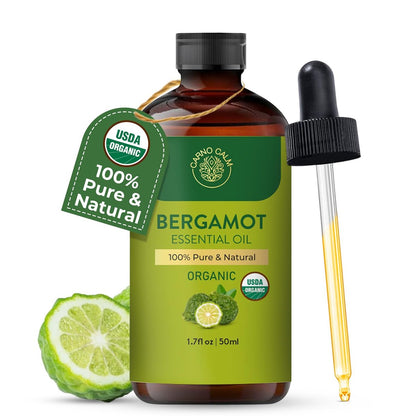 Carno Calm Bergamot Bio-Ätherisches Öl | USDA-zertifiziert biologisch | Bergamotte Öl für Haut, Haare, Aromatherapie, Seifen- & Kerzenherstellung | 50 ml