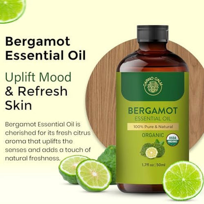 Carno Calm Bergamot Bio-Ätherisches Öl | USDA-zertifiziert biologisch | Bergamotte Öl für Haut, Haare, Aromatherapie, Seifen- & Kerzenherstellung | 50 ml