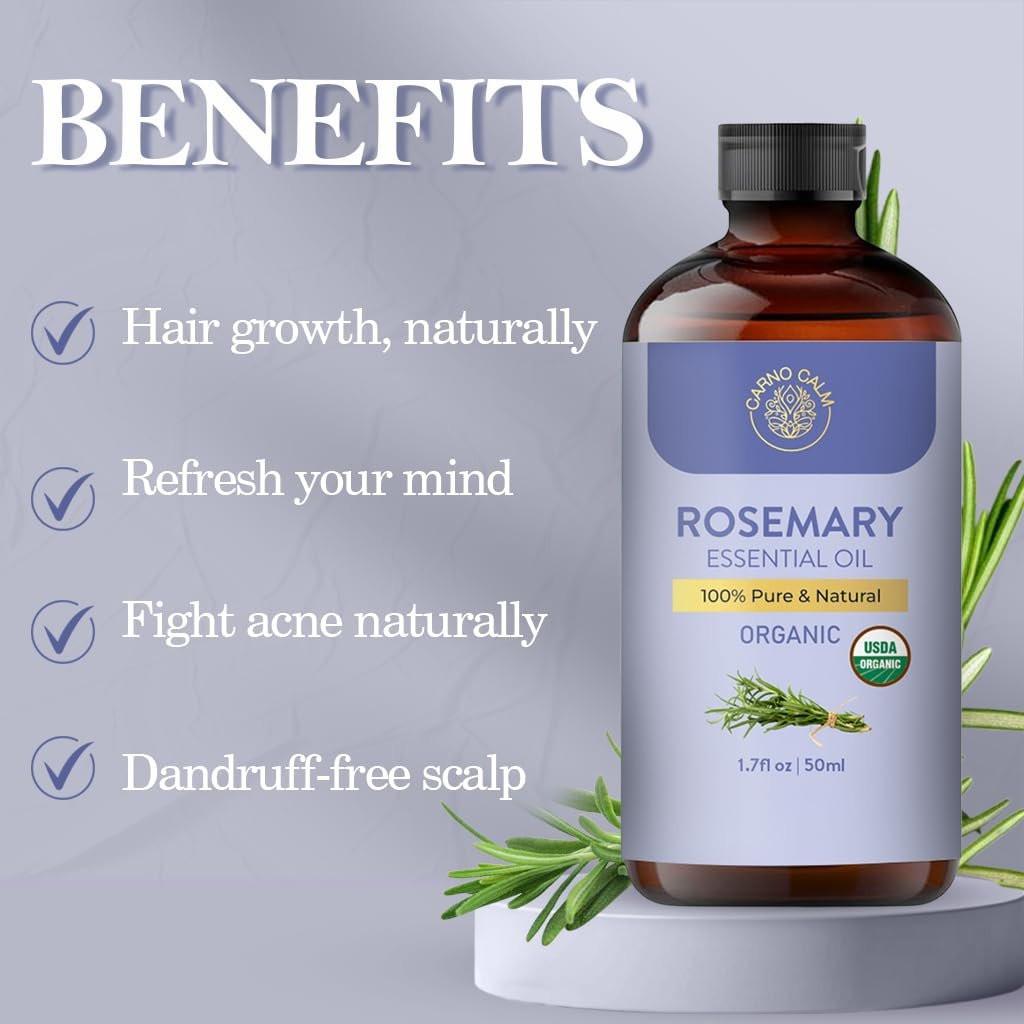 Carno Calm Bio Rosmarin Öl | USDA Bio Rosmarinöl für Haarwachstum und Haut | Aromatherapie & Diffuser | 50 ml