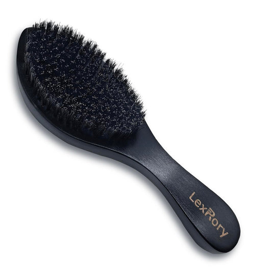 LexRory Herren Bürste aus Wildschweinborsten für 360 Waves – Mittelhart, Langstielig, Naturpalme, Gewellte Bürste für die Haarroutine (Schwarz)