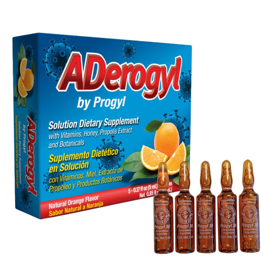 Aderogyl Oral Liquid Vitamine mit A, C, D, E, Zink, Bienenhonig, Propolis und Pflanzenextrakten – Natürlicher Orangen-Geschmack – 5 Immununterstützungs-Ampullen