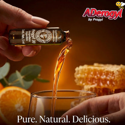 Aderogyl Oral Liquid Vitamine mit A, C, D, E, Zink, Bienenhonig, Propolis und Pflanzenextrakten – Natürlicher Orangen-Geschmack – 5 Immununterstützungs-Ampullen