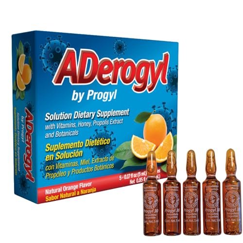 Aderogyl Oral Liquid Vitamine mit A, C, D, E, Zink, Bienenhonig, Propolis und Pflanzenextrakten – Natürlicher Orangen-Geschmack – 5 Immununterstützungs-Ampullen