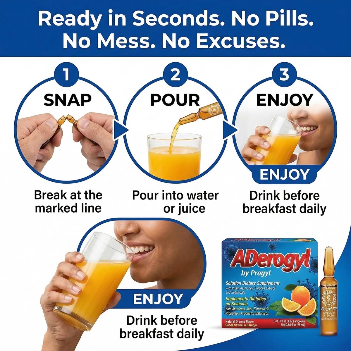 Aderogyl Oral Liquid Vitamine mit A, C, D, E, Zink, Bienenhonig, Propolis und Pflanzenextrakten – Natürlicher Orangen-Geschmack – 5 Immununterstützungs-Ampullen