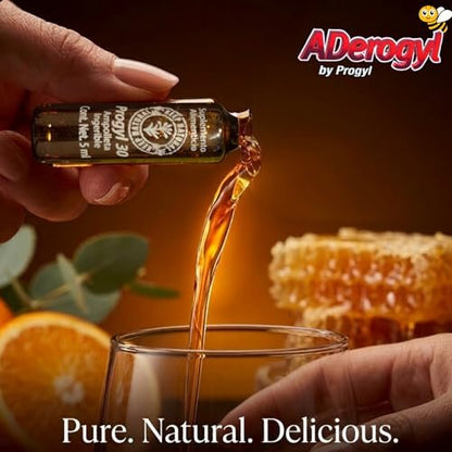 Aderogyl Oral Liquid Vitamine mit A, C, D, E, Zink, Bienenhonig, Propolis und Pflanzenextrakten – Natürlicher Orangen-Geschmack – 5 Immununterstützungs-Ampullen