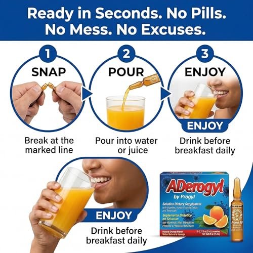 Aderogyl Oral Liquid Vitamine mit A, C, D, E, Zink, Bienenhonig, Propolis und Pflanzenextrakten – Natürlicher Orangen-Geschmack – 5 Immununterstützungs-Ampullen