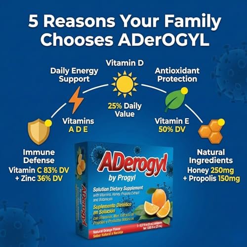 Aderogyl Oral Liquid Vitamine mit A, C, D, E, Zink, Bienenhonig, Propolis und Pflanzenextrakten – Natürlicher Orangen-Geschmack – 5 Immununterstützungs-Ampullen