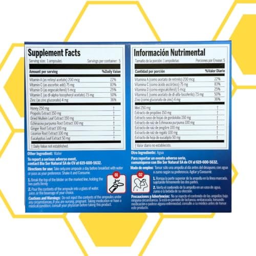 Aderogyl Oral Liquid Vitamine mit A, C, D, E, Zink, Bienenhonig, Propolis und Pflanzenextrakten – Natürlicher Orangen-Geschmack – 5 Immununterstützungs-Ampullen