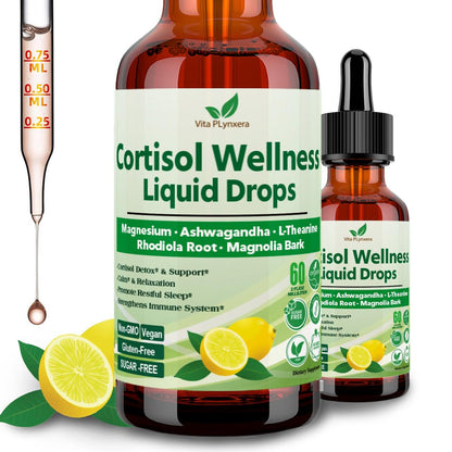 Vita PLynxera Cortisol Supplement Flüssige Tropfen, 17-in-1 Cortisol Detox mit Magnesiumglycinat 400 mg, Ashwagandha, L-Theanin, Phosphatidylserin, Hormonausgleich für Frauen, Stimmung, Fokus, Schlafunterstützung