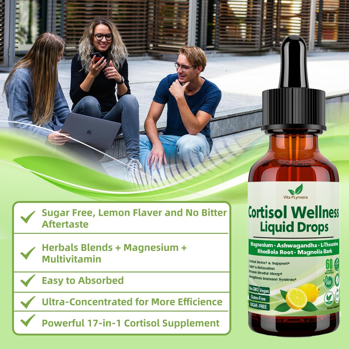 Vita PLynxera Cortisol Supplement Flüssige Tropfen, 17-in-1 Cortisol Detox mit Magnesiumglycinat 400 mg, Ashwagandha, L-Theanin, Phosphatidylserin, Hormonausgleich für Frauen, Stimmung, Fokus, Schlafunterstützung