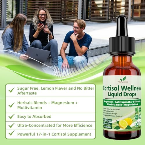 Vita PLynxera Cortisol Supplement Flüssige Tropfen, 17-in-1 Cortisol Detox mit Magnesiumglycinat 400 mg, Ashwagandha, L-Theanin, Phosphatidylserin, Hormonausgleich für Frauen, Stimmung, Fokus, Schlafunterstützung