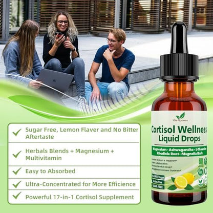 Vita PLynxera Cortisol Supplement Flüssige Tropfen, 17-in-1 Cortisol Detox mit Magnesiumglycinat 400 mg, Ashwagandha, L-Theanin, Phosphatidylserin, Hormonausgleich für Frauen, Stimmung, Fokus, Schlafunterstützung