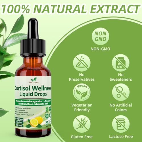 Vita PLynxera Cortisol Supplement Flüssige Tropfen, 17-in-1 Cortisol Detox mit Magnesiumglycinat 400 mg, Ashwagandha, L-Theanin, Phosphatidylserin, Hormonausgleich für Frauen, Stimmung, Fokus, Schlafunterstützung