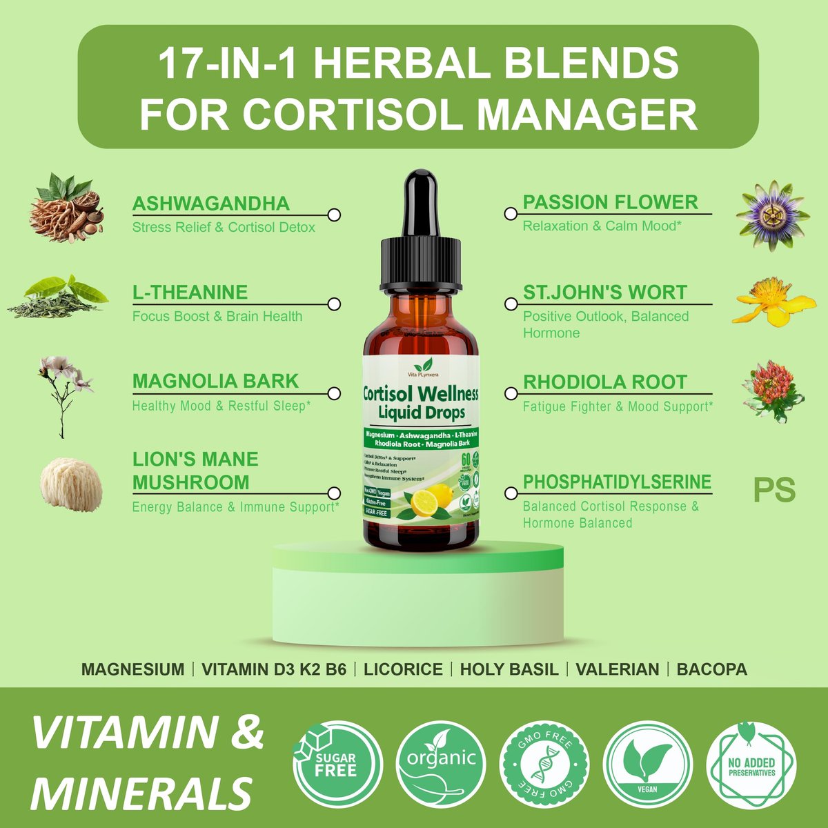 Vita PLynxera Cortisol Supplement Flüssige Tropfen, 17-in-1 Cortisol Detox mit Magnesiumglycinat 400 mg, Ashwagandha, L-Theanin, Phosphatidylserin, Hormonausgleich für Frauen, Stimmung, Fokus, Schlafunterstützung