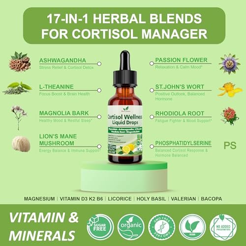 Vita PLynxera Cortisol Supplement Flüssige Tropfen, 17-in-1 Cortisol Detox mit Magnesiumglycinat 400 mg, Ashwagandha, L-Theanin, Phosphatidylserin, Hormonausgleich für Frauen, Stimmung, Fokus, Schlafunterstützung