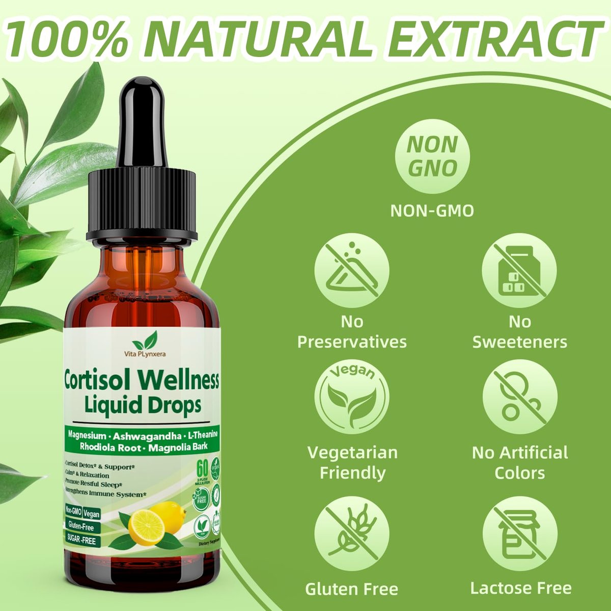 Vita PLynxera Cortisol Supplement Flüssige Tropfen, 17-in-1 Cortisol Detox mit Magnesiumglycinat 400 mg, Ashwagandha, L-Theanin, Phosphatidylserin, Hormonausgleich für Frauen, Stimmung, Fokus, Schlafunterstützung