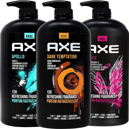 AXE Herren Duschgel Sortiment, 3er Set mit Dark Temptation, Apollo und Excite, 3in1 Körper- und Gesichtsreiniger in Pumpspender, 3 x 1 Liter