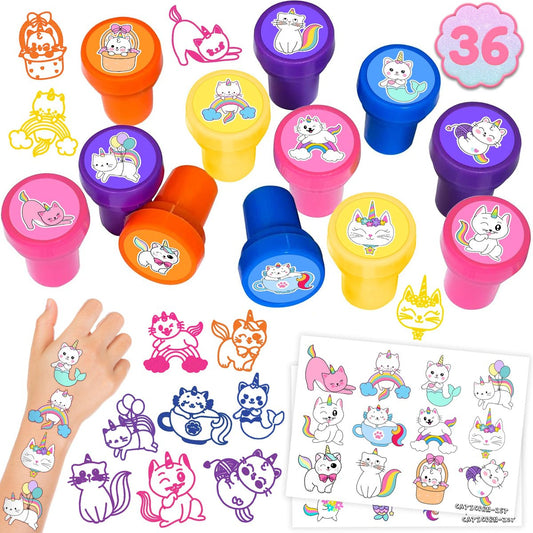 36-teiliges Caticorn Party-Set – 24 temporäre Tattoos & 12 Stempel – Ideal für Katzen-Einhorn-Geburtstage, Goodie Bags, Klassenbelohnungen & Babypartys