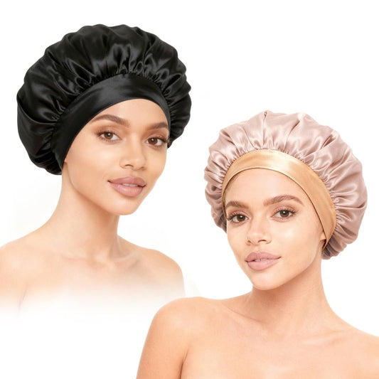 2 Stück Satin Hauben für Schlafen, Seidenschlafhaube mit weichem elastischem Band, Haarwickel für Frauen (Gold Schwarz)