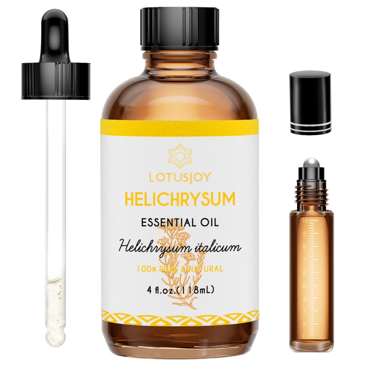 LOTUSJOY Helichrysum Ätherisches Öl, 100% reines Helichrysum Italicum Öl für verletzte Haut, Roll-On, Diffuser, Raumspray - 118 ml