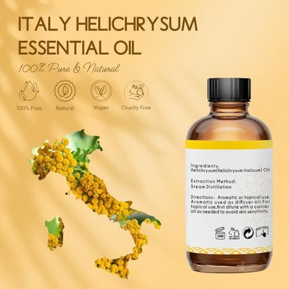 LOTUSJOY Helichrysum Ätherisches Öl, 100% reines Helichrysum Italicum Öl für verletzte Haut, Roll-On, Diffuser, Raumspray - 118 ml