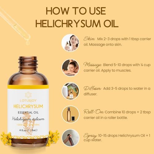 LOTUSJOY Helichrysum Ätherisches Öl, 100% reines Helichrysum Italicum Öl für verletzte Haut, Roll-On, Diffuser, Raumspray - 118 ml