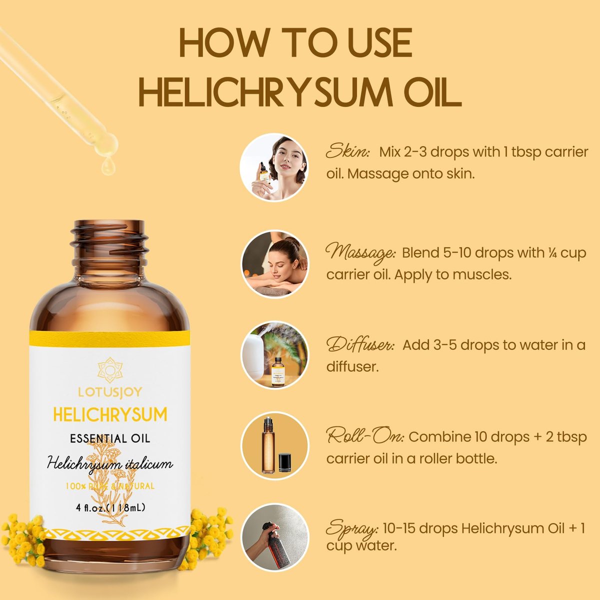 LOTUSJOY Helichrysum Ätherisches Öl, 100% reines Helichrysum Italicum Öl für verletzte Haut, Roll-On, Diffuser, Raumspray - 118 ml