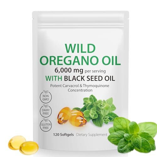 Tooffi Oreganoöl Weichkapseln – 6000 mg Oreganoöl mit Schwarzkümmelöl 200 mg, 2-in-1, 120 Kapseln, Organisch