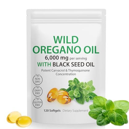 Tooffi Oreganoöl Weichkapseln – 6000 mg Oreganoöl mit Schwarzkümmelöl 200 mg, 2-in-1, 120 Kapseln, Organisch