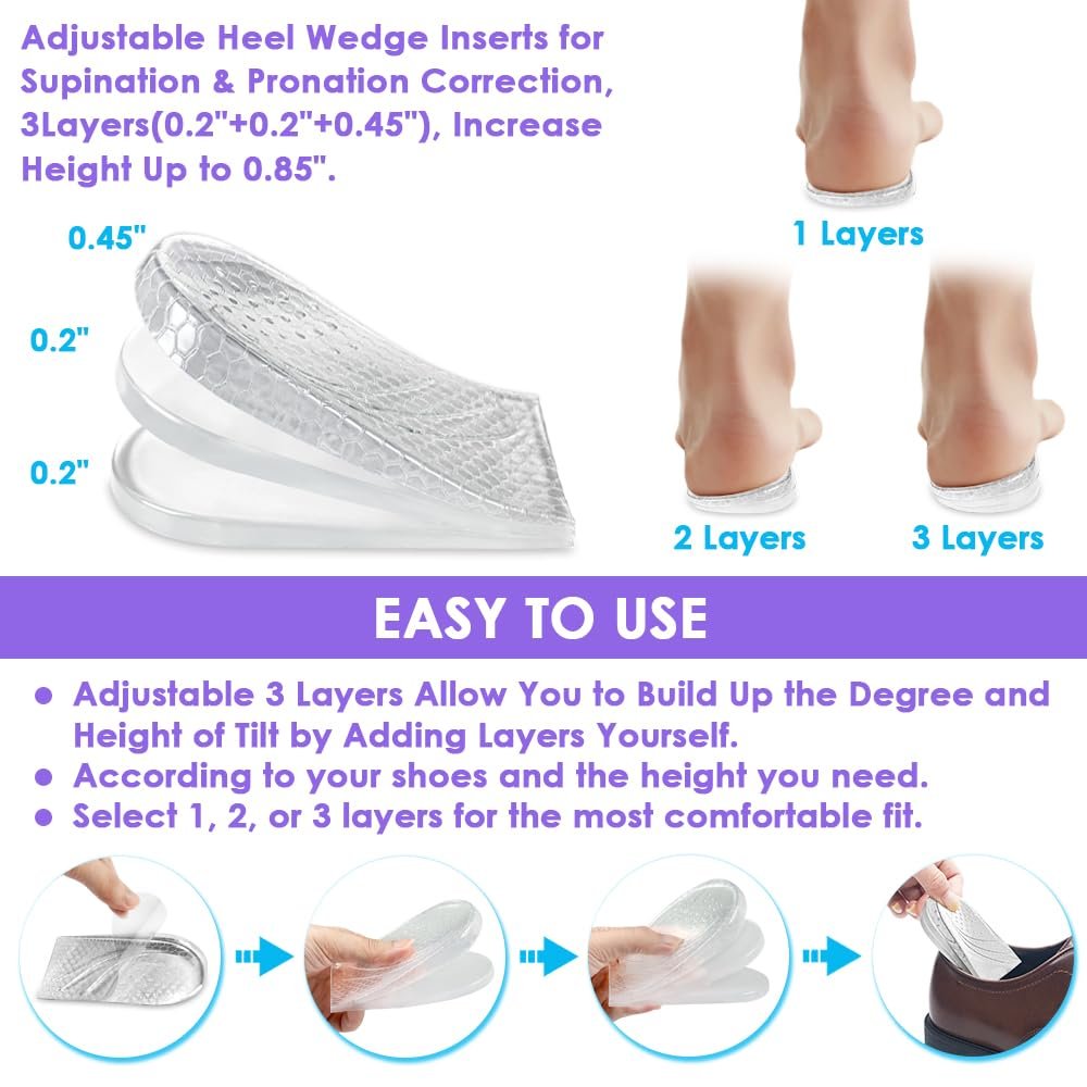 Svowin 3-lagige verstellbare Supination-Überpronation-Einlegesohlen, Anti-Rutsch mediale/laterale Fersenkeil-Einlegesohlen für Fußausrichtung, Knieschmerzen, O-Beine, Arthrose (Transparent, L: W 8-12/ M 7.5-14)